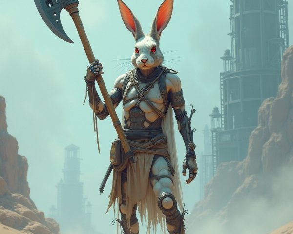 Humanoid Rabbit Warrior in Dystopian Landscape