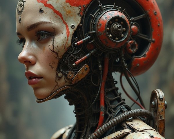 Futuristic humanoid robot with organic and mechanical design