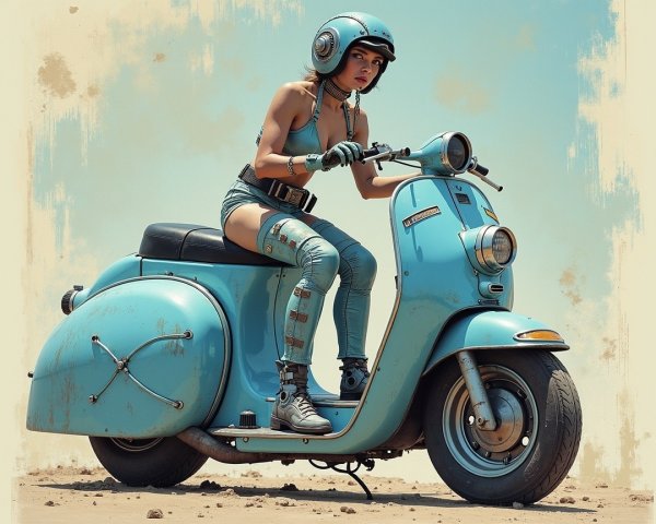 Retro-Themed Woman on Vintage Blue Scooter