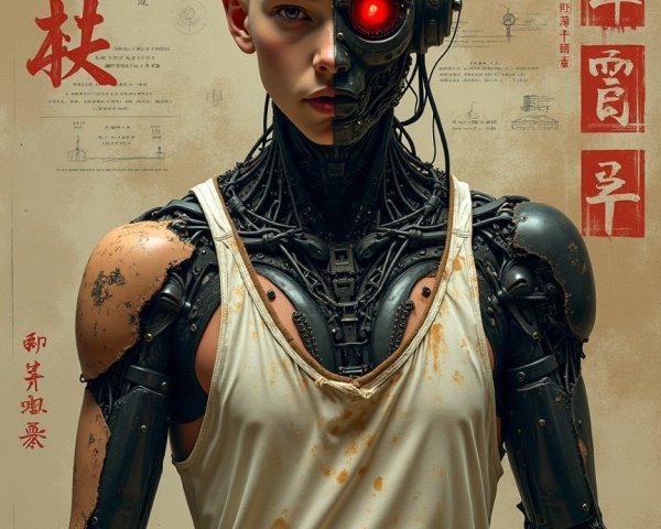 Futuristic Cyborg with Metallic Body and Red Eye