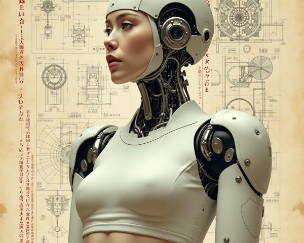 Futuristic Humanoid Robot with Technical Schematics