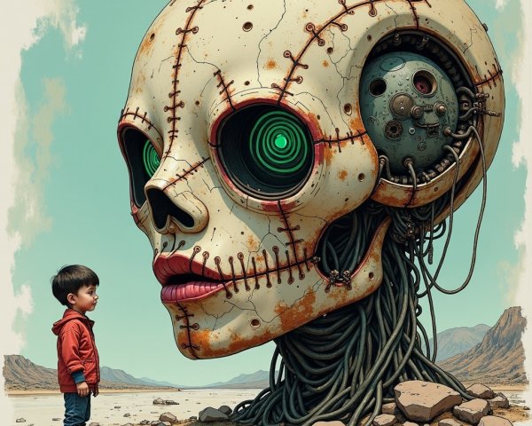 Surreal Skull with Mechanical Eyes in Barren Landscape