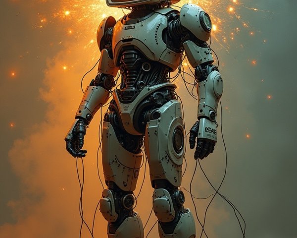 Futuristic robot with vintage monitor and dramatic sparks
