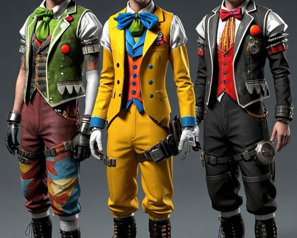 Three Male Clowns with Spiky Hair and Dark Attire