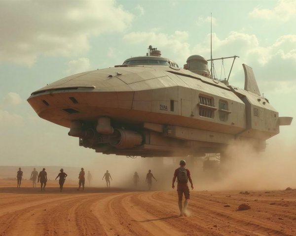 Futuristic Land-Air Transport Vehicle Over Desert Landscape