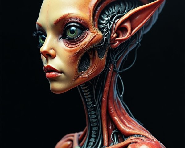 Humanoid figure with mechanical and anatomical features
