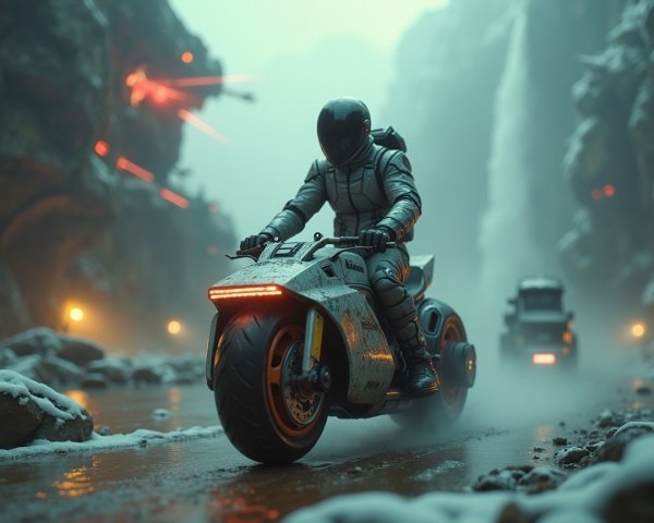 Futuristic Rider on High-Tech Motorcycle in Snowy Landscape
