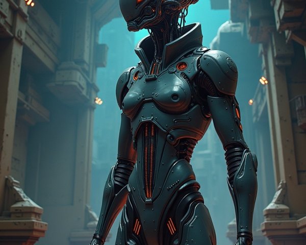 Futuristic Humanoid Robot in Dark Industrial Setting
