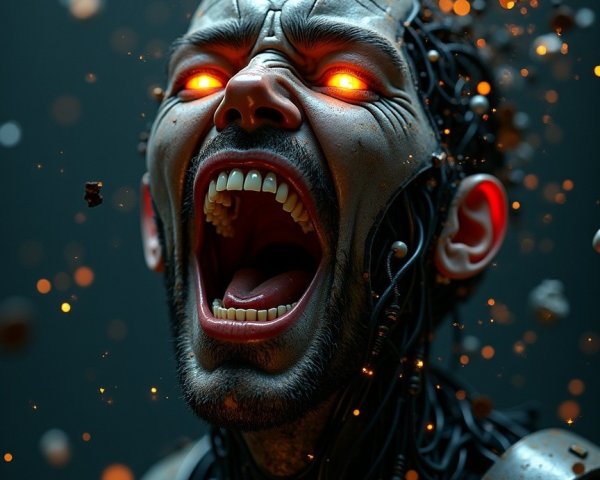 Fierce Humanoid Robot with Glowing Eyes and Sparks