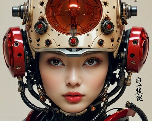 Close-up of an Asian woman in a detailed robotic suit