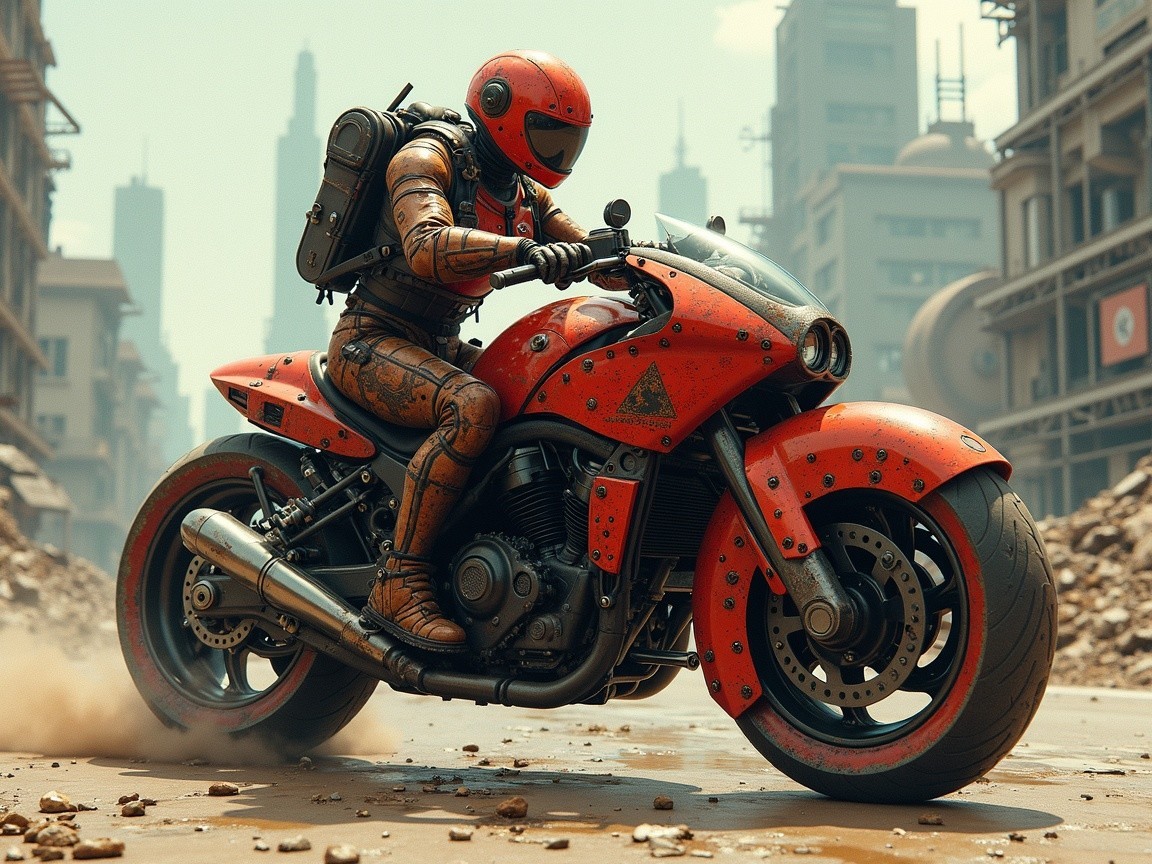 Futuristic Motorcyclist in Desolate Urban Landscape