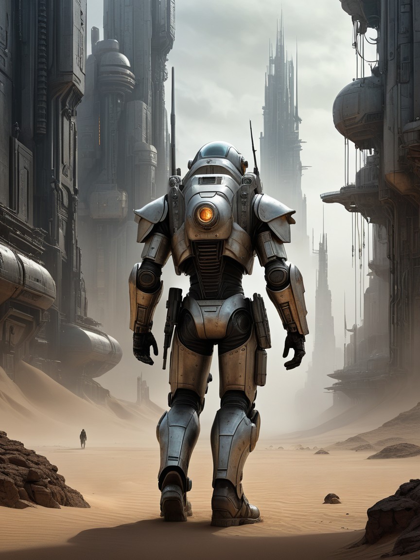 Futuristic figure in desert landscape with skyscrapers