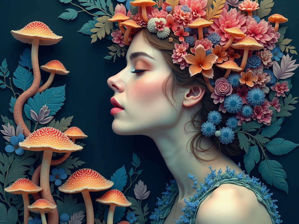 Serene Woman with Floral Crown and Colorful Surroundings
