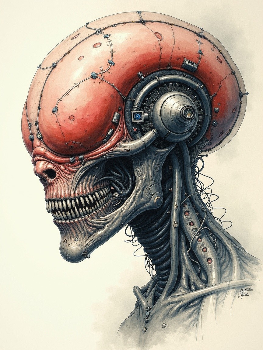 Hyper-realistic cyborg head with mechanical features