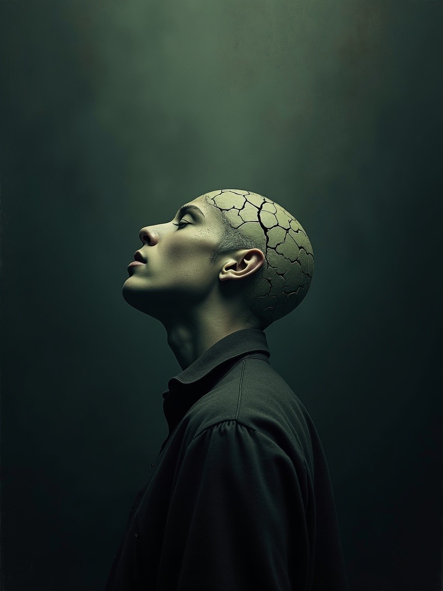 Bald Head with Cracked Surface in Surreal Setting