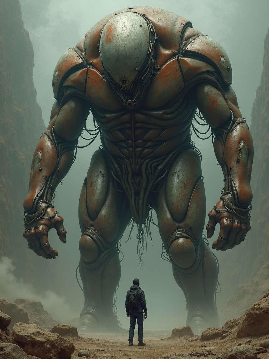 Robotic Figure in Canyon with Human for Scale