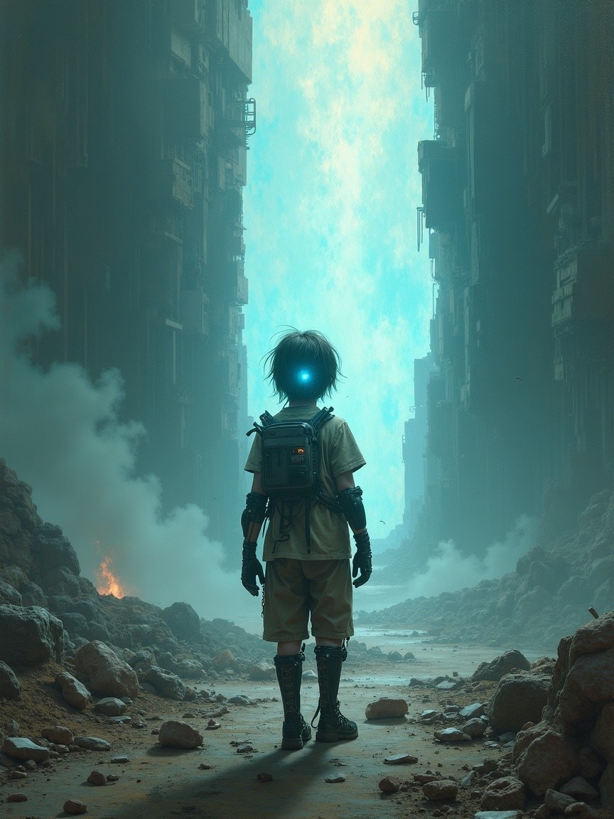 Futuristic Urban Scene with Child and Glowing Portal