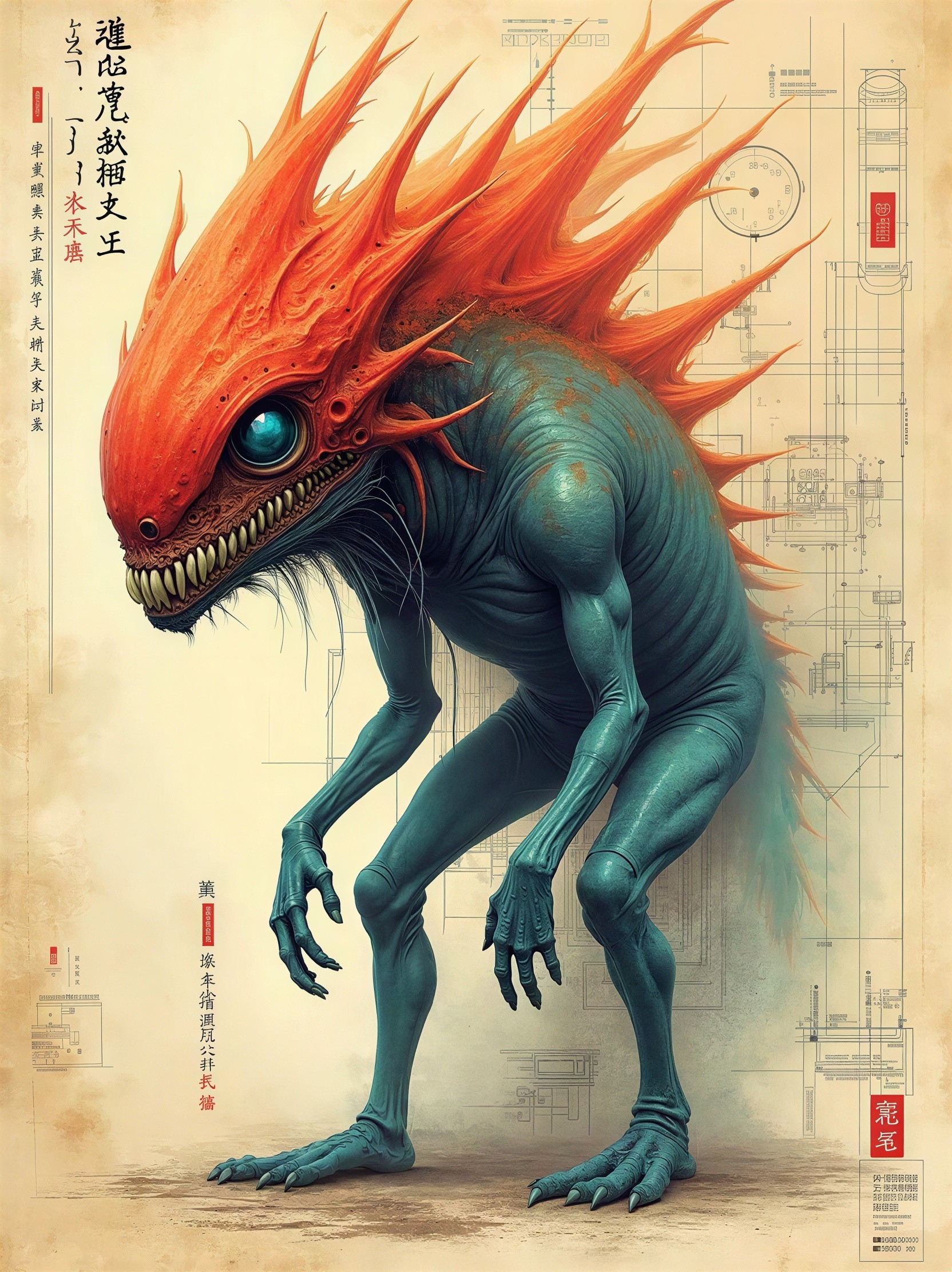 Creepy Humanoid Creature with Red Spiked Head and Teal Body