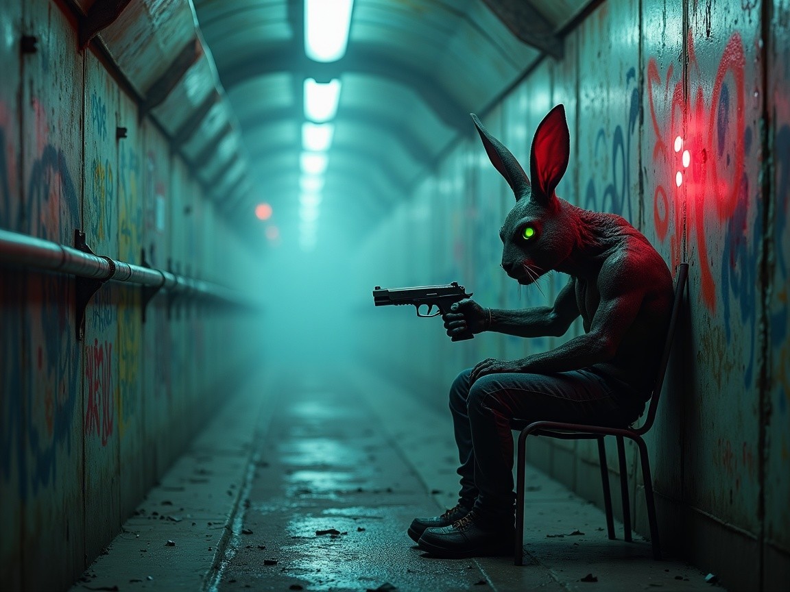 Humanoid Rabbit Figure with Handgun in Graffiti Tunnel