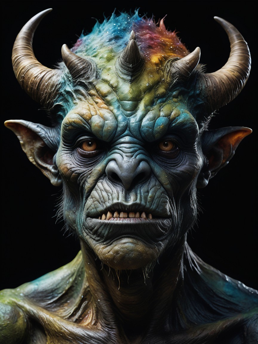 Mythical Creature with Horns and Cosmic Skin Pattern