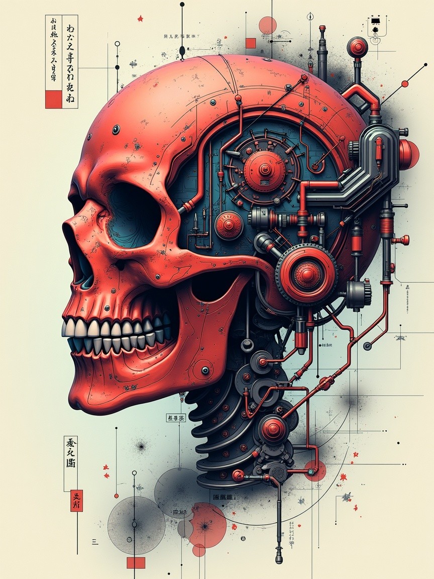 Stylized Red Skull with Mechanical Components and Abstract Background