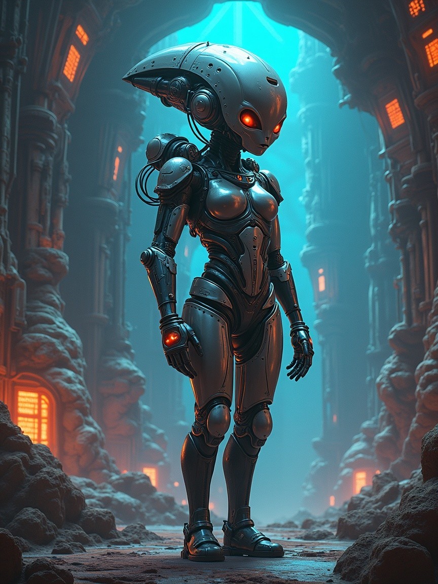 Futuristic humanoid robot in a dim cavernous setting