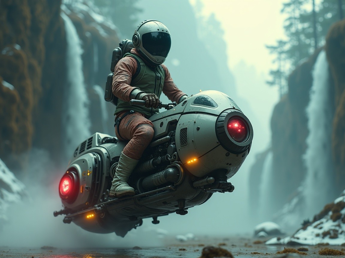 Futuristic Scene of an Astronaut on a Hover Bike