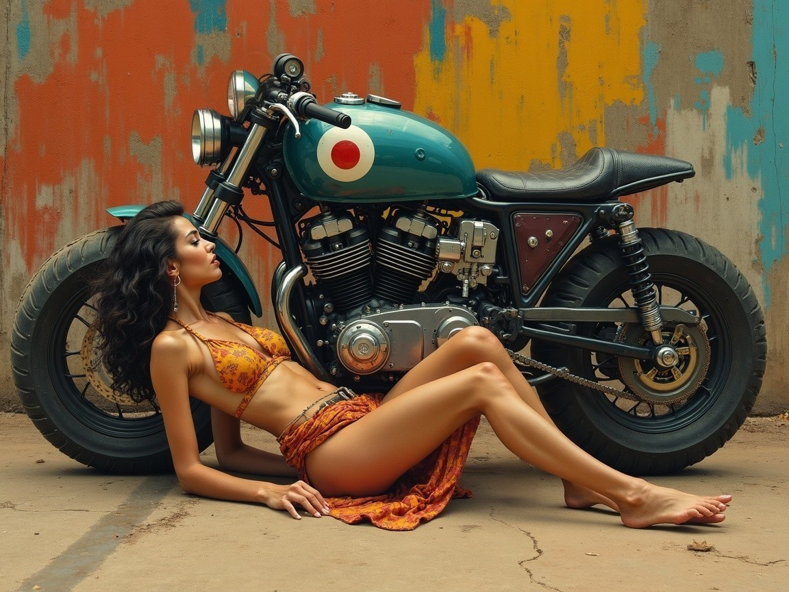 Stylish Woman with Vintage Motorcycle and Colorful Wall