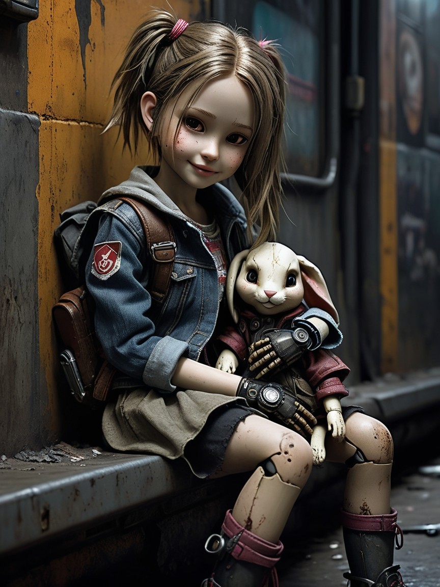 Young girl with pigtails in urban setting with toy rabbit