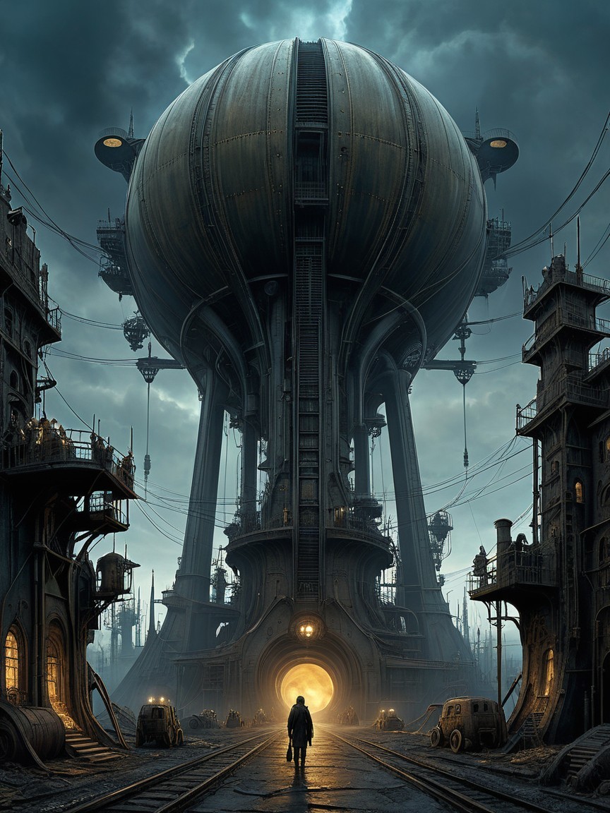 Futuristic Structure in Dark Steampunk Dystopia Scene