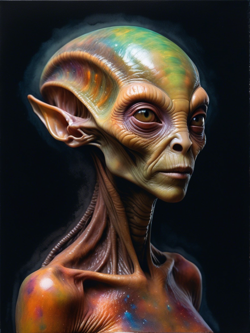 Humanoid Alien with Greenish-Yellow Skin and Cosmic Pattern