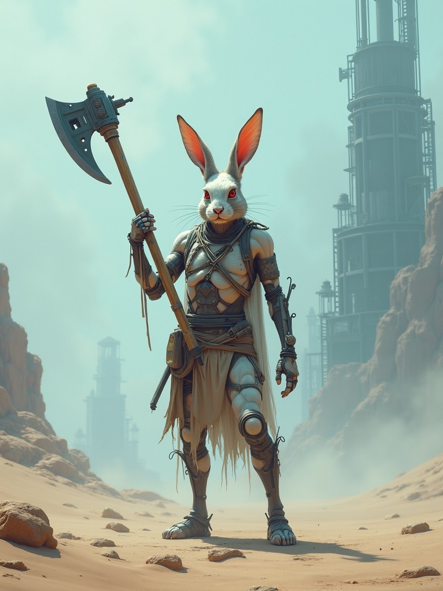 Humanoid Rabbit Warrior in Dystopian Landscape