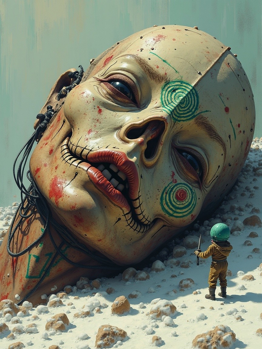 Colossal Humanoid Skull in Barren Terrain Scene