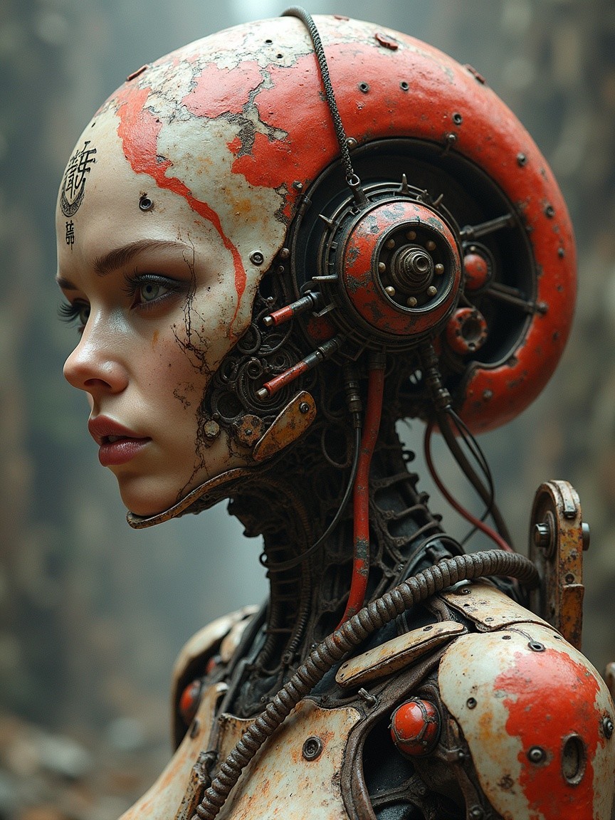 Futuristic humanoid robot with organic and mechanical design