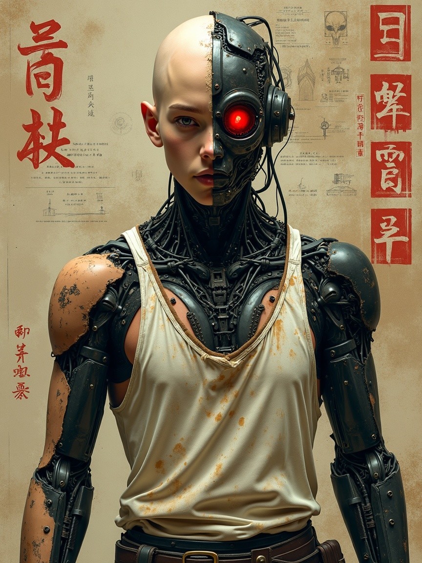 Futuristic Cyborg with Metallic Body and Red Eye