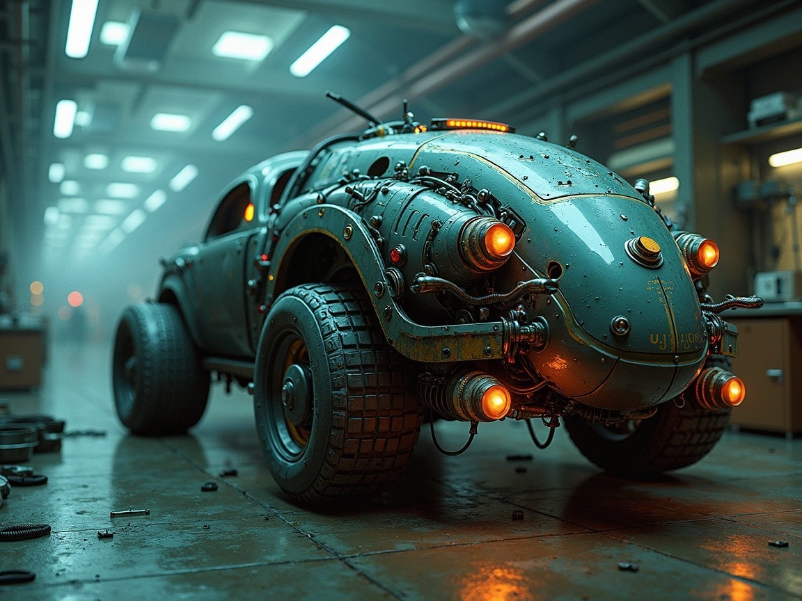 Futuristic Retro-Styled Beetle Design in Workshop