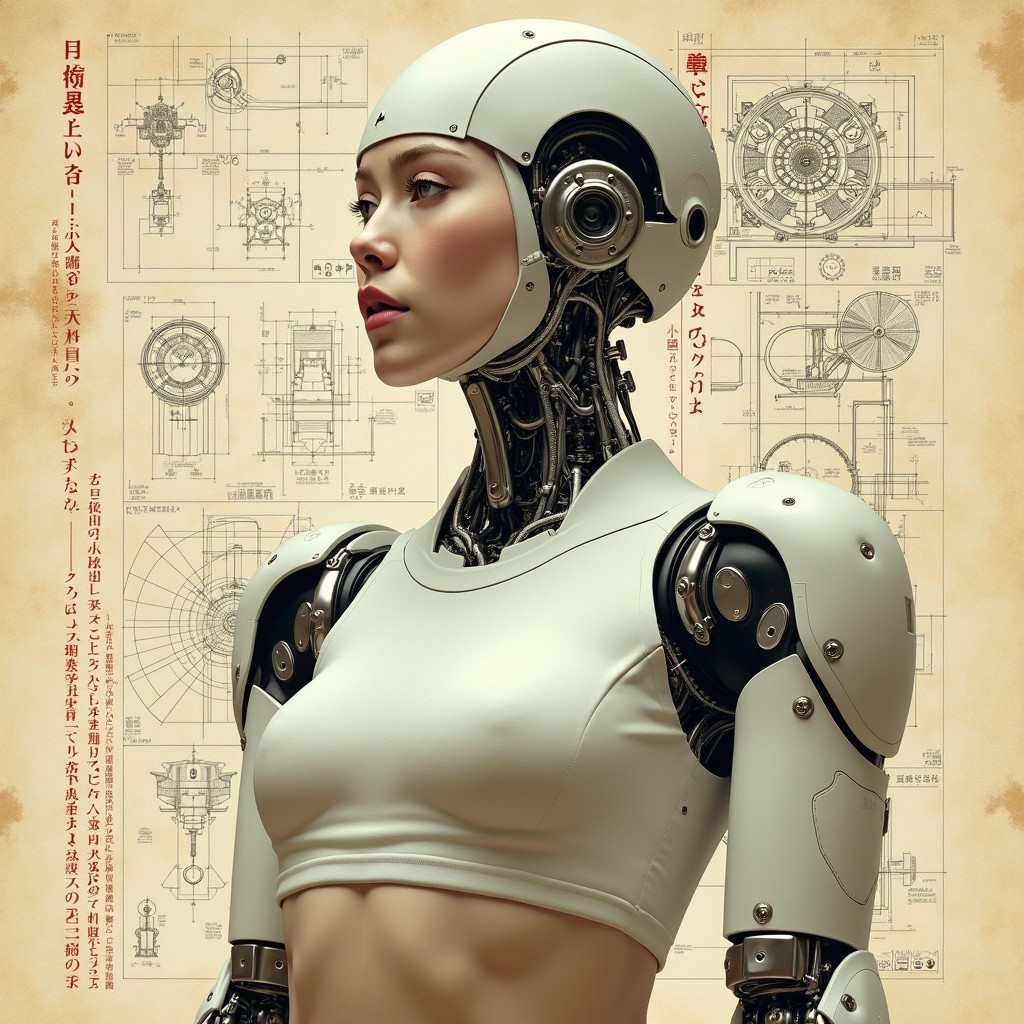 Futuristic Humanoid Robot with Technical Schematics