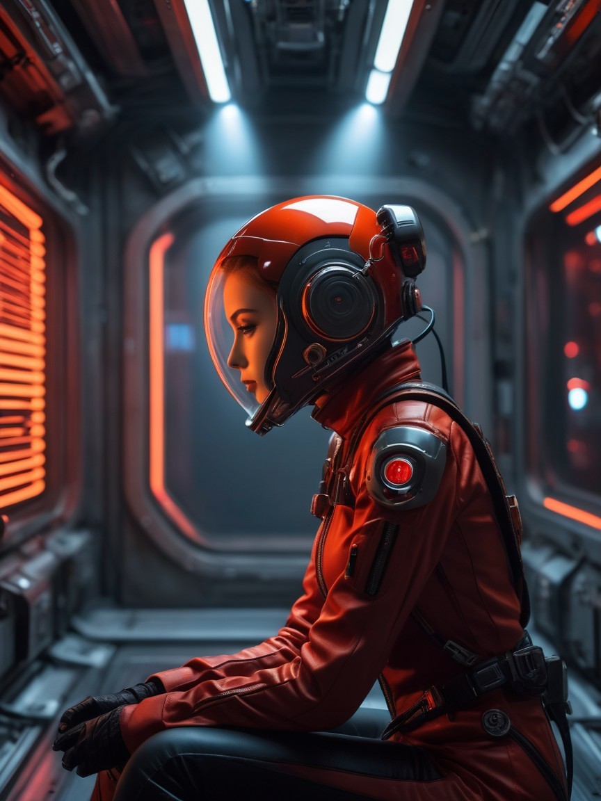 Futuristic Astronaut in Red Suit in Spacecraft Corridor