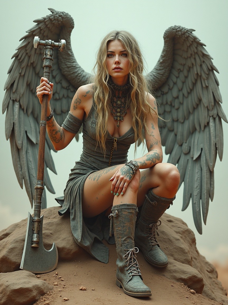 Warrior figure with wings on rocky outcrop in fantasy setting