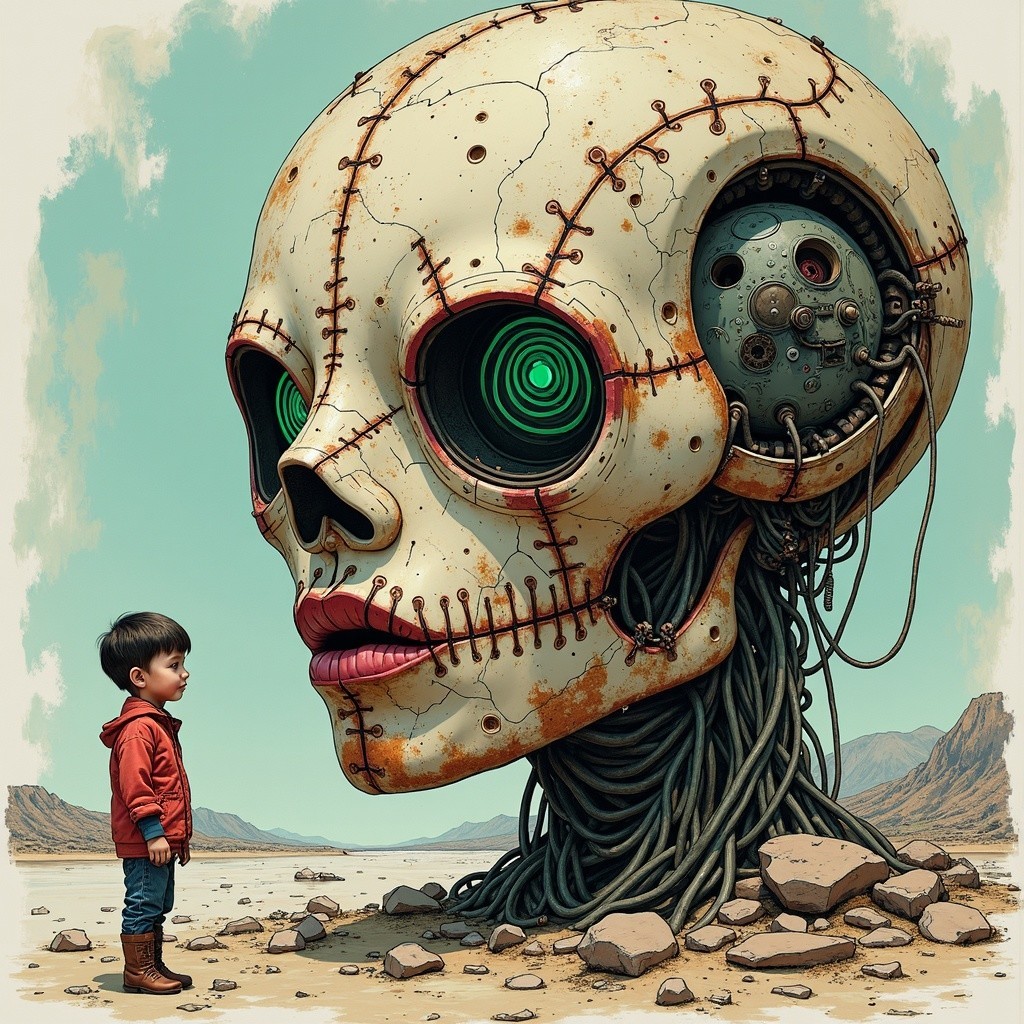 Surreal Skull with Mechanical Eyes in Barren Landscape