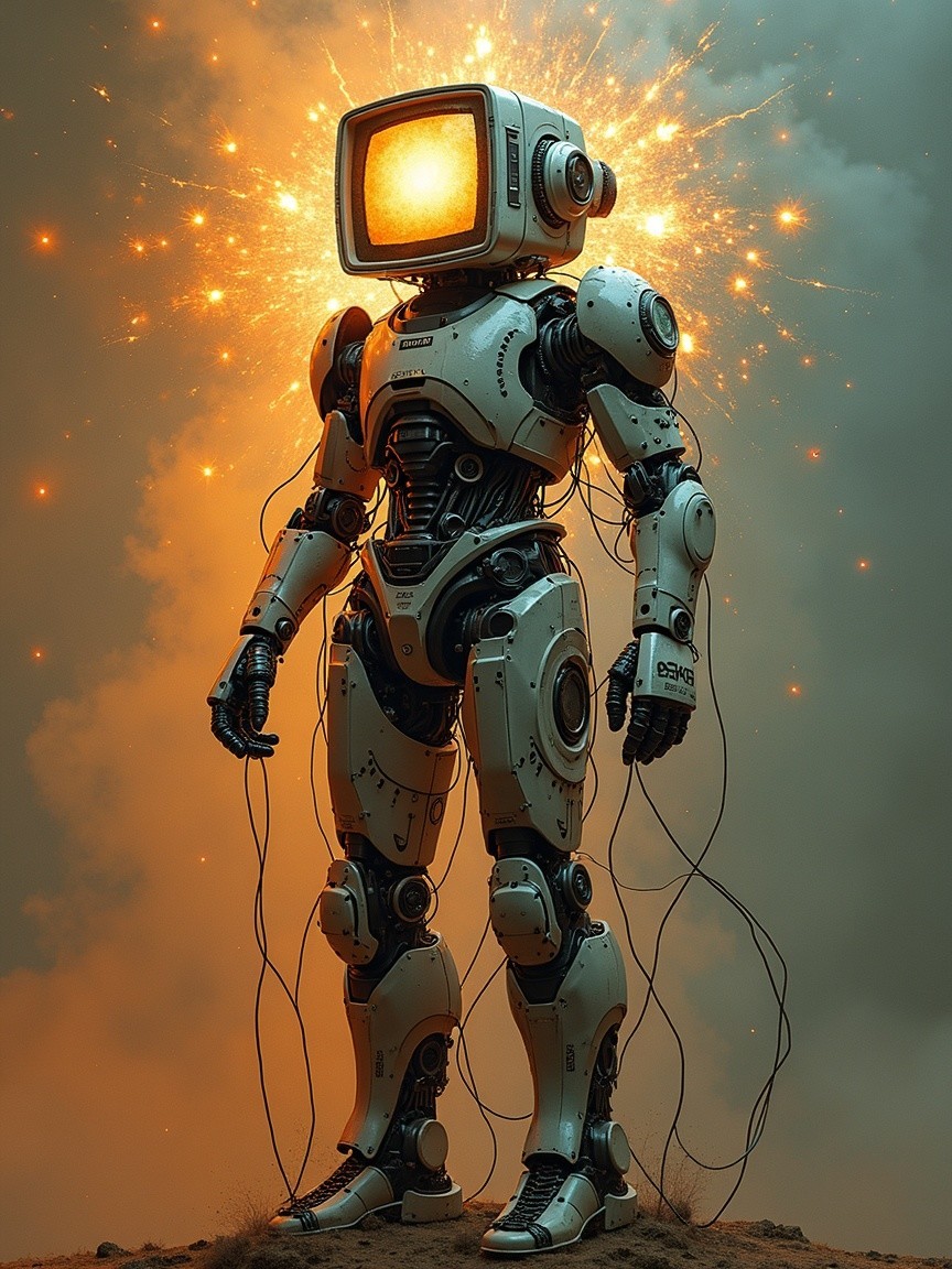 Futuristic robot with vintage monitor and dramatic sparks