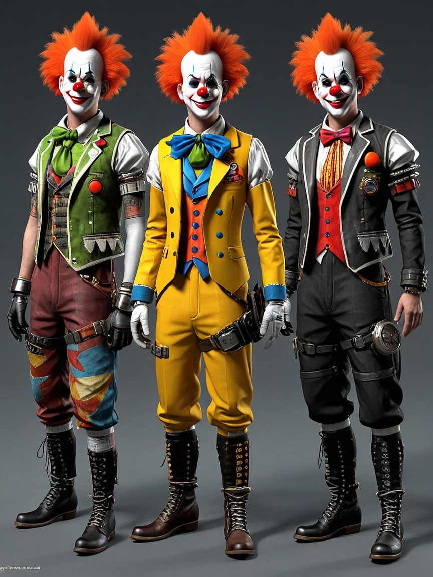 Three Male Clowns with Spiky Hair and Dark Attire