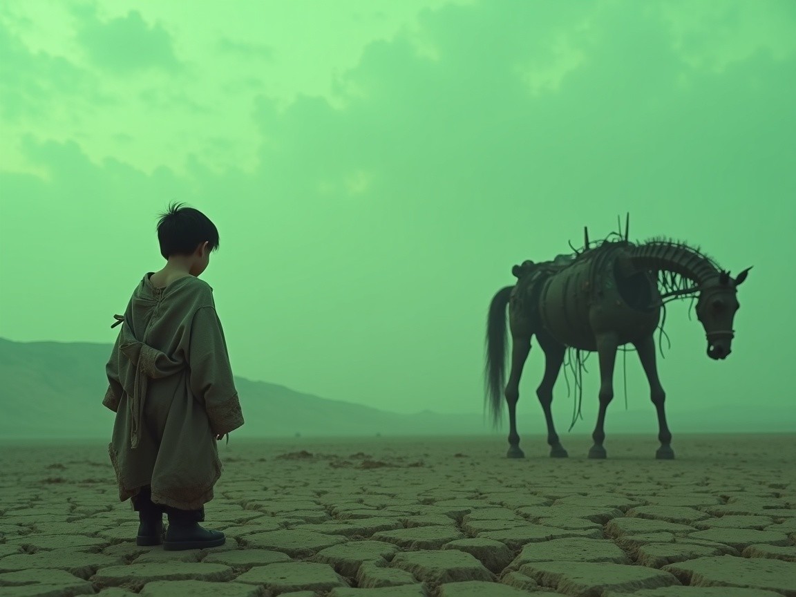 Young boy in surreal post-apocalyptic landscape with horse