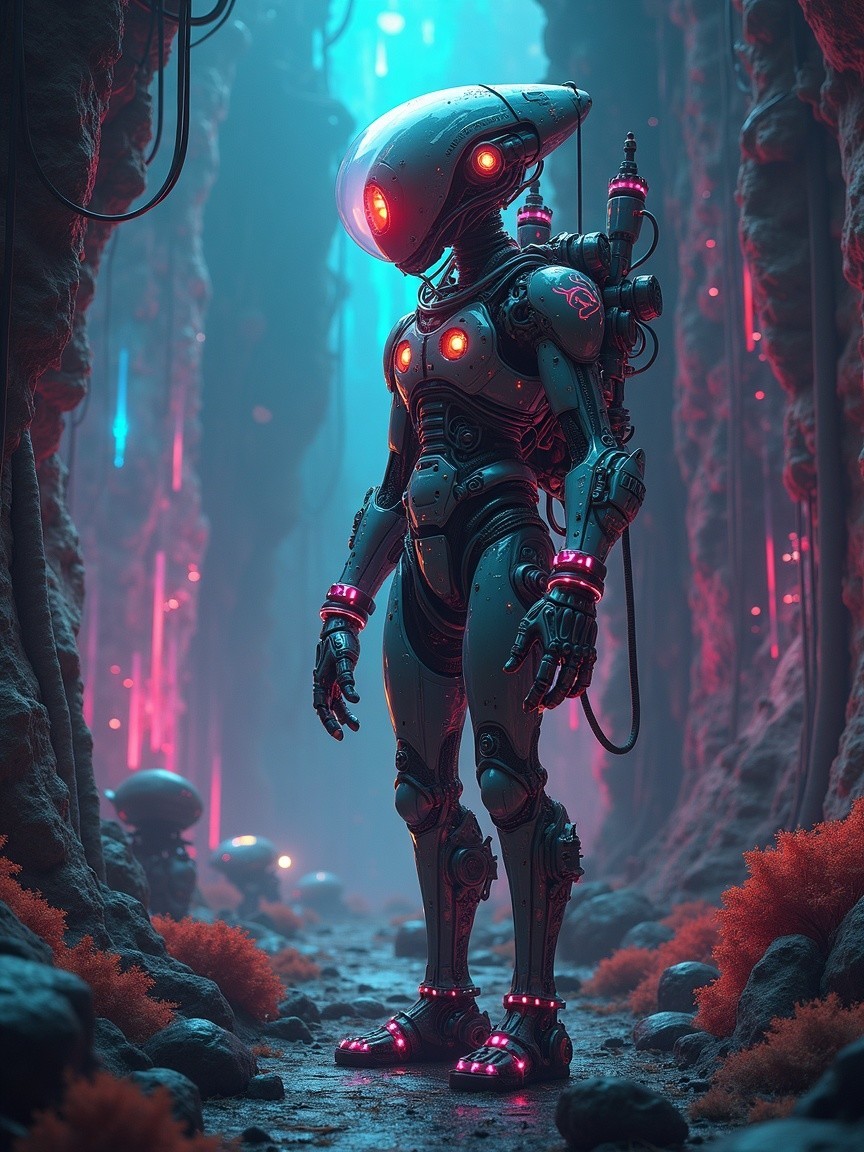 Futuristic Robot in Neon-Lit Corridor with Flora