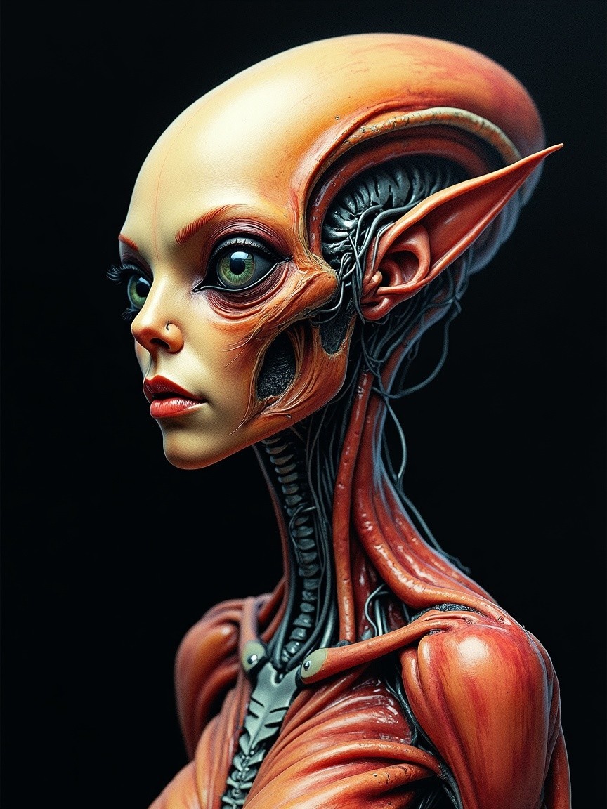 Humanoid figure with mechanical and anatomical features