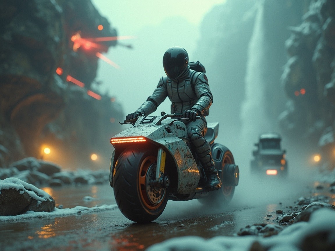 Futuristic Rider on High-Tech Motorcycle in Snowy Landscape