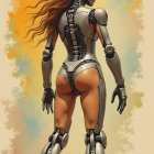 Futuristic Female Robot with Metallic Exoskeleton and Hair