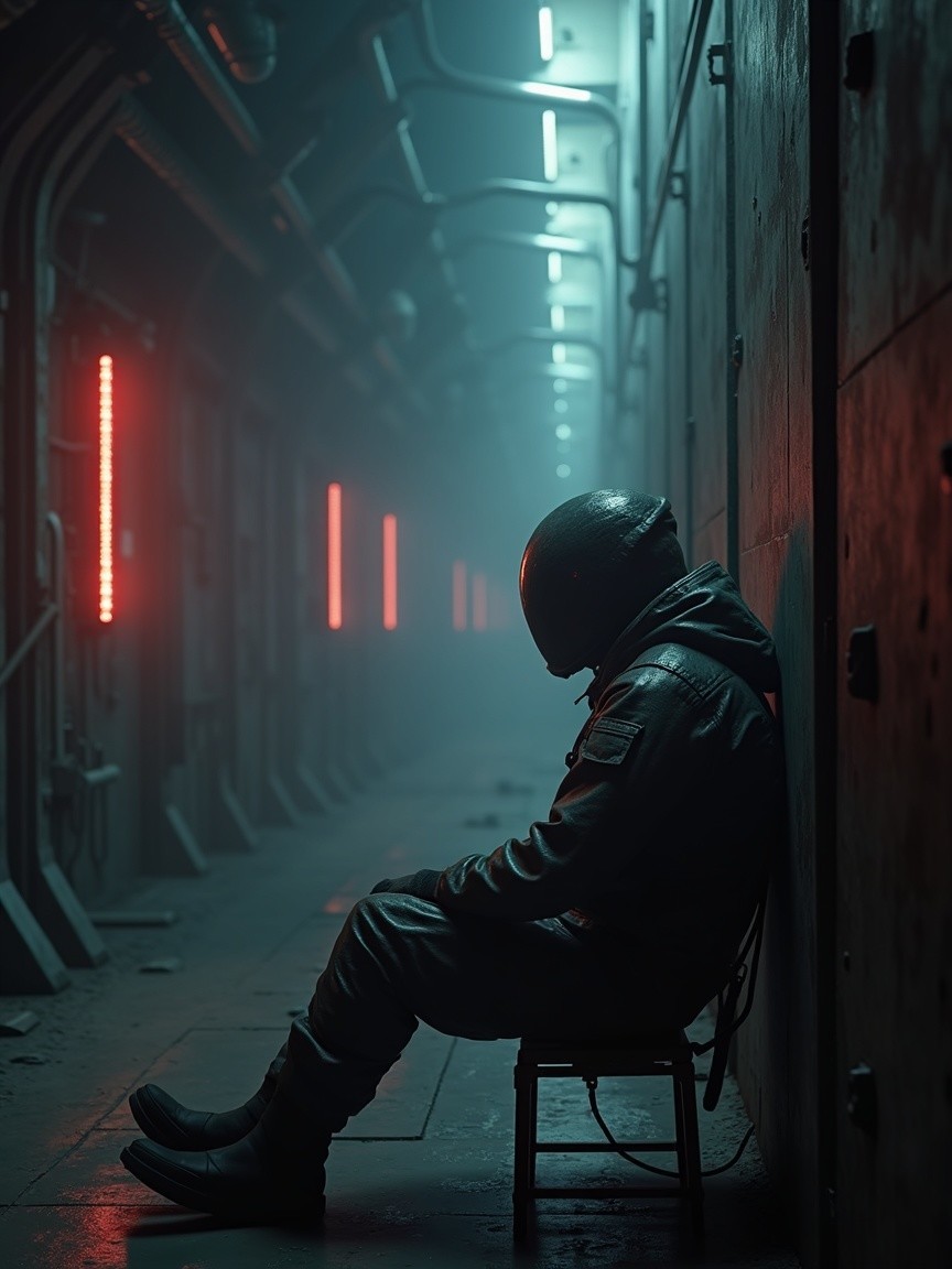 Futuristic figure in spacesuit in dimly lit corridor