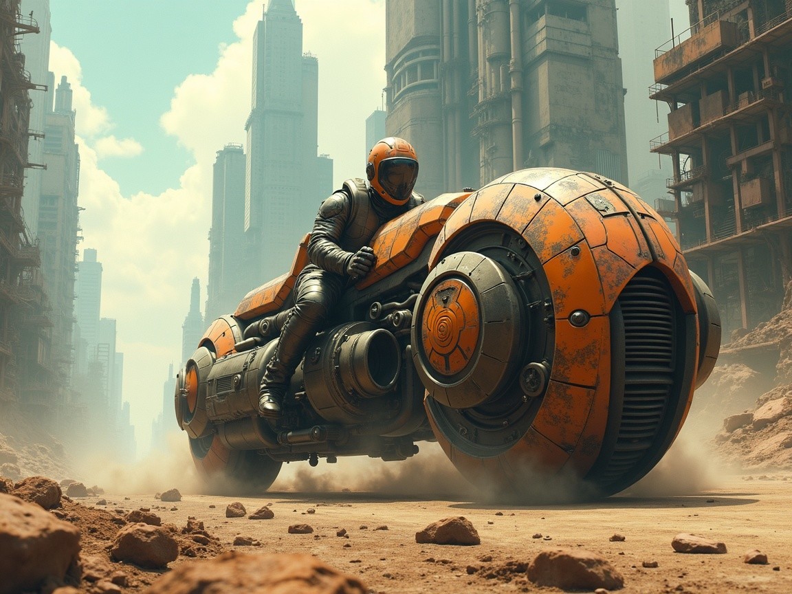 Futuristic Motorcycle in a Post-Apocalyptic Urban Scene