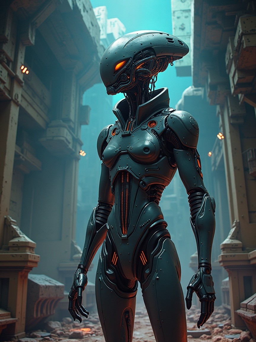 Futuristic Humanoid Robot in Dark Industrial Setting